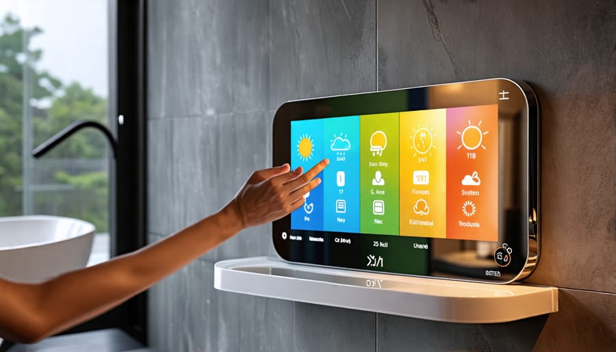 A cutting-edge smart mirror in a modern setting, displaying personalized information like weather, calendar, and news, with a person interacting through hand gestures.