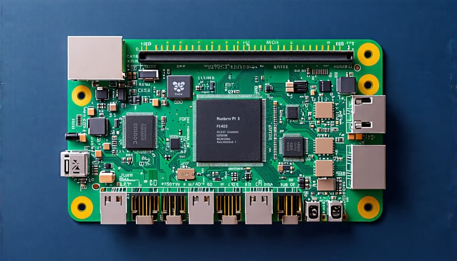 Labeled diagram of Raspberry Pi 4 Model B board highlighting processor, RAM, and ports