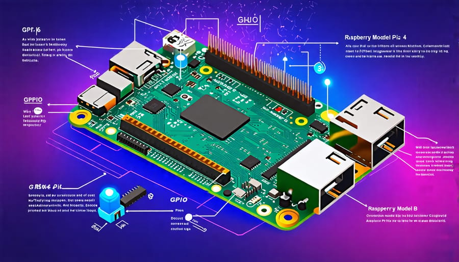 Detailed illustration of the Raspberry Pi 4 Model B board with annotated GPIO pins, showcasing connections for LEDs, sensors, and motors.