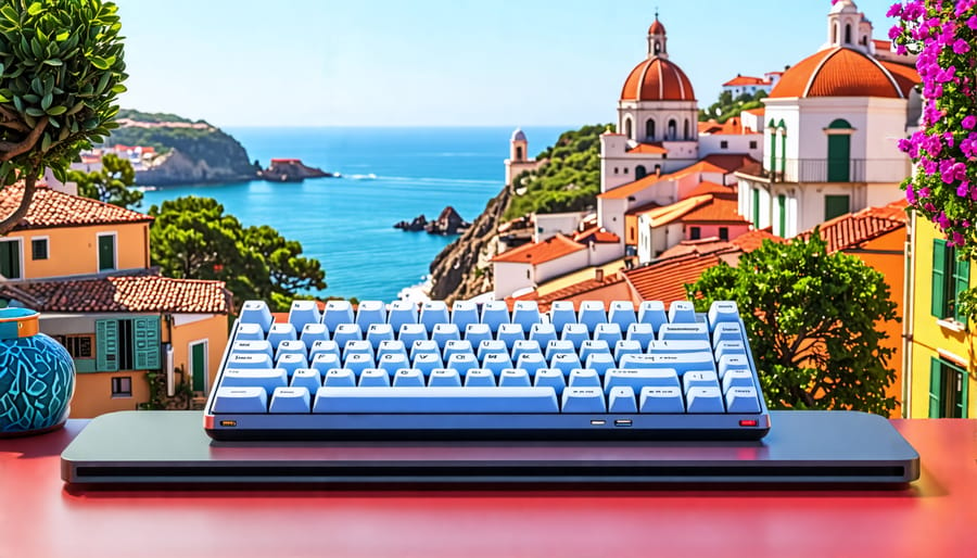 Raspberry Pi connected to a keyboard with a Portuguese layout, set against iconic Portuguese landmarks.