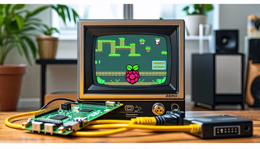 Raspberry Pi Zero connected to a CRT television via a yellow RCA composite cable, displaying a classic retro game.