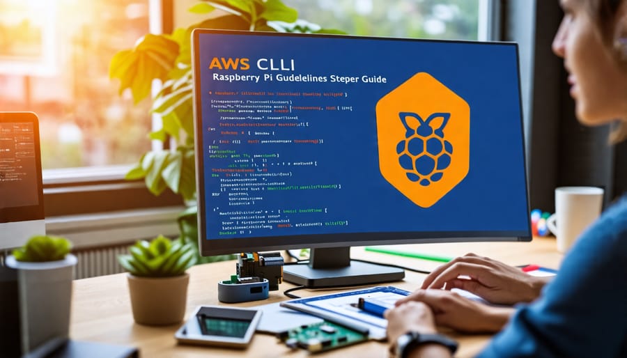 Step-by-step AWS CLI installation process shown on a computer screen with a Raspberry Pi