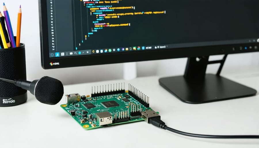 Raspberry Pi setup with a USB microphone and speaker showcasing the integration of Google Assistant, depicted in a development environment with representation of smart assistant functionalities.