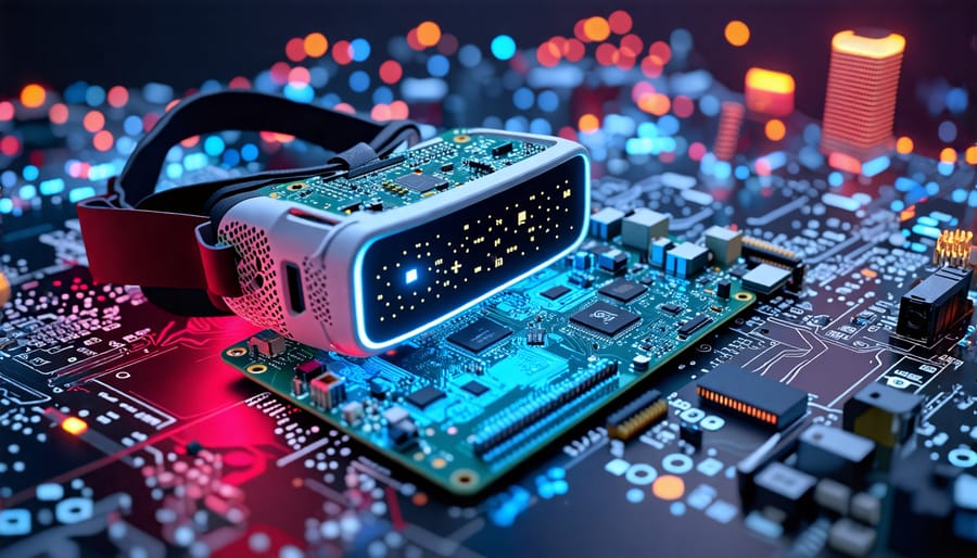 An array of DIY components including a Raspberry Pi board, VR headset housing, HDMI-compatible display, and lenses, set against a digital backdrop symbolizing virtual reality.