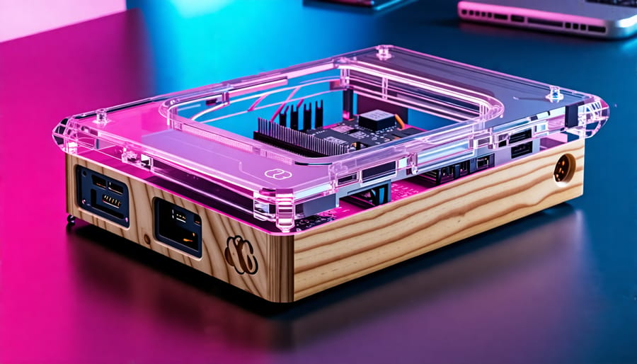 A custom Raspberry Pi case creatively designed with materials like acrylic, wood, and 3D-printed plastic, featuring personalized details such as ventilation, LEDs, and decals, set in a creative workspace.