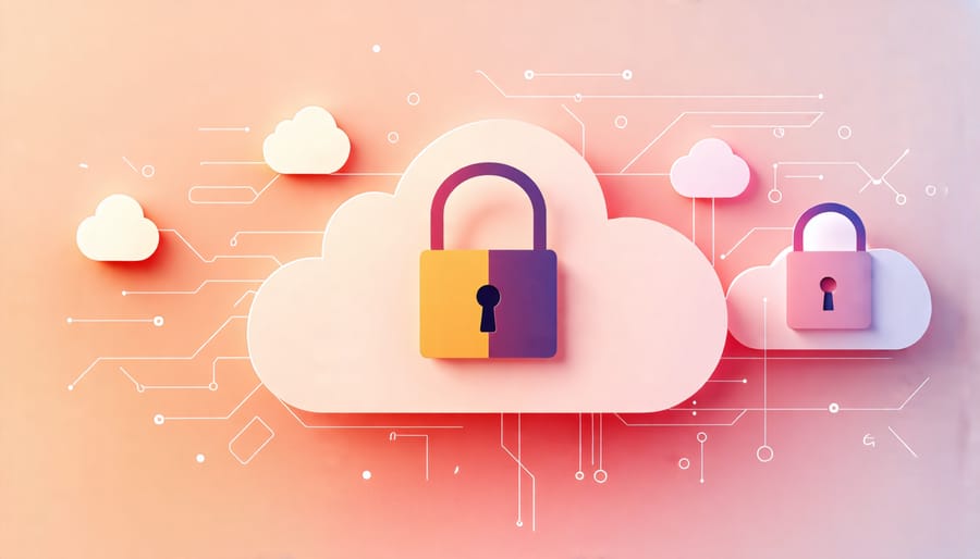 Illustration representing data security with cloud icons and padlocks, emphasizing the importance of protecting cloud storage