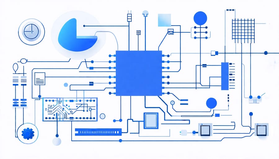 Diagram showcasing the features of embedded systems such as small size, power efficiency, and dedicated functions