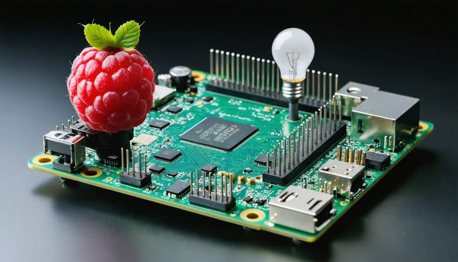 A feature image showcasing a Raspberry Pi board with highlighted components like the CPU and RAM, surrounded by symbols of technology and learning, representing its use in teaching computer architecture concepts.