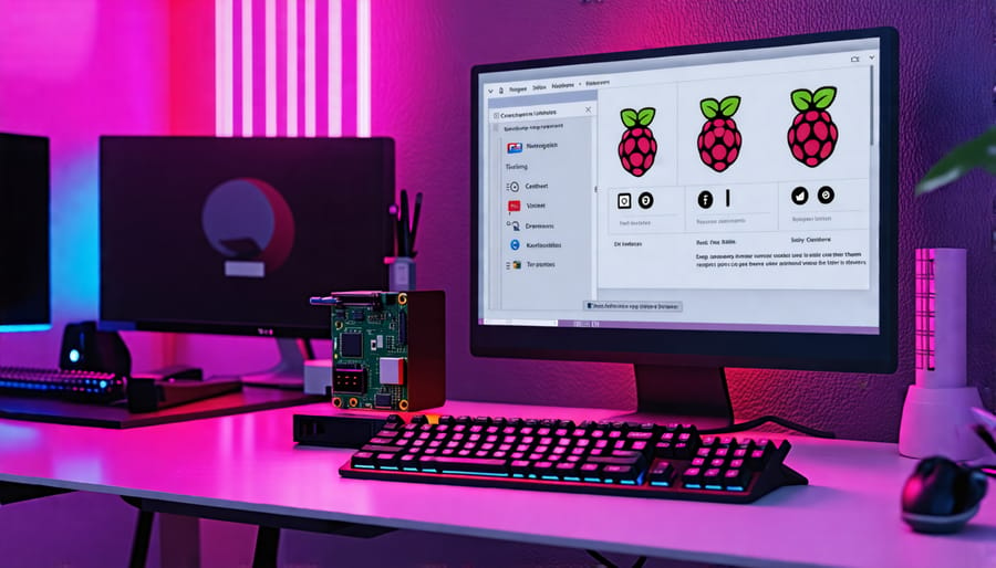 A Raspberry Pi setup with a monitor displaying Norwegian keyboard layout configuration, foregrounded by a keyboard highlighting the unique Norwegian characters Æ, Ø, and Å.