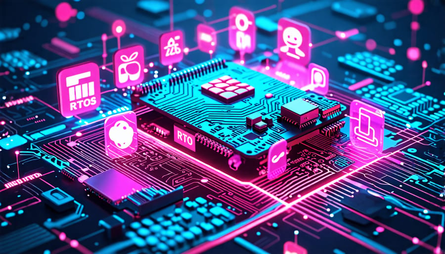 A Raspberry Pi embedded in a digital matrix of circuit patterns with icons for RTOS, illustrating advanced real-time control capabilities.