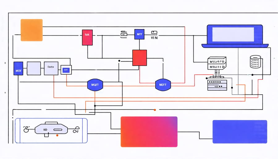 Diagram of an MQTT IoT system showing devices, broker, and clients