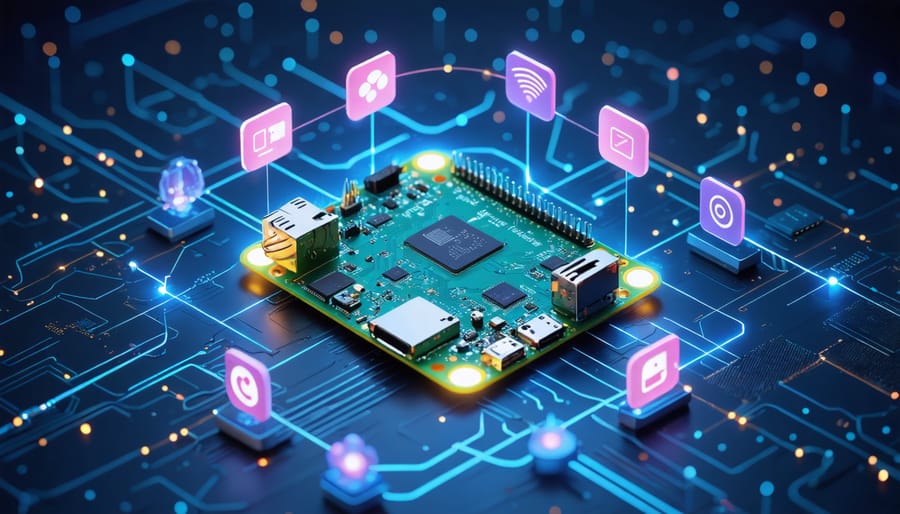 Conceptual illustration of a Raspberry Pi Zero surrounded by wireless connectivity symbols and project icons, highlighting its potential for portable and versatile computing.