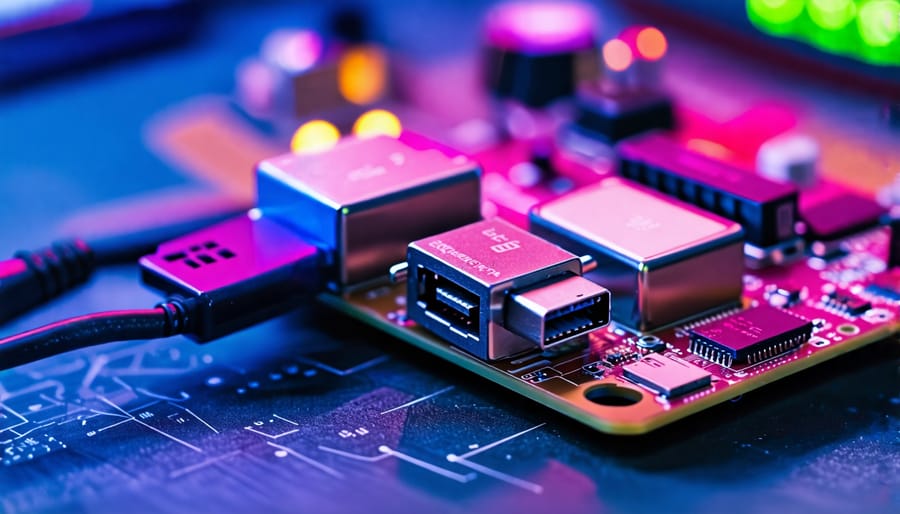 Close-up of Raspberry Pi 2 with a micro USB power cable connected, alongside various peripherals on a tech workspace, symbolizing stable and sufficient power setup.