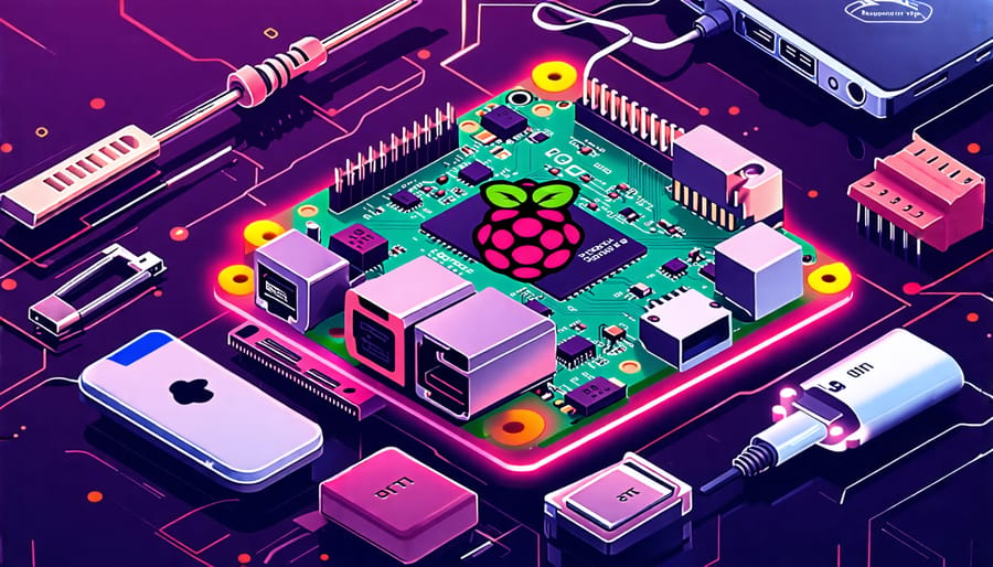 A Raspberry Pi 1 Model A surrounded by icons representing its applications like home automation, media streaming, and DIY electronics, highlighting its versatile capabilities.