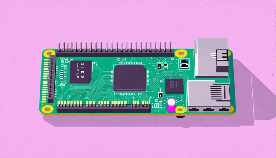 An annotated diagram of the Raspberry Pi 1 Model A with labels on CPU, RAM, and I/O options