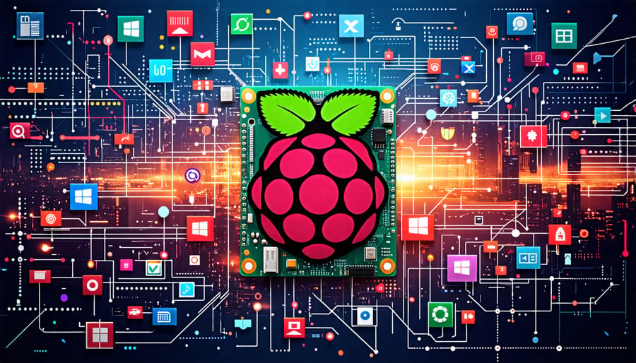 A collage illustrating a Raspberry Pi 2 board with various operating system icons, symbolizing versatility and innovation in single-board computing.