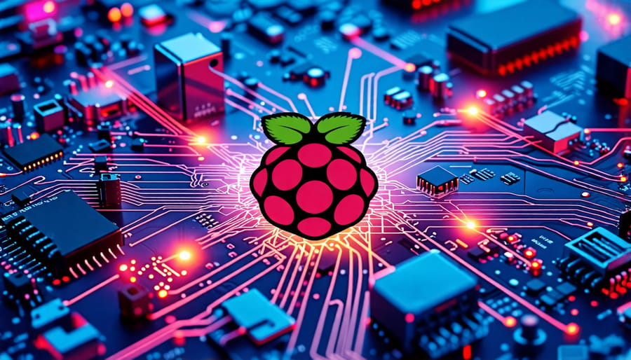 Raspberry Pi 3 at the center, linked with various peripherals and energy pathways, representing power optimization and efficiency.