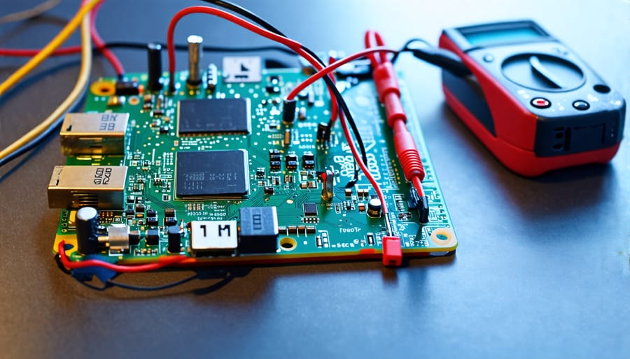 Raspberry Pi 3 undergoing power consumption measurement with a multimeter