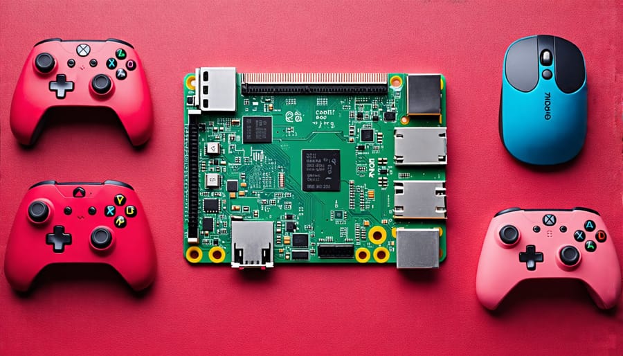 Raspberry Pi 4 board surrounded by retro gaming controllers and accessories