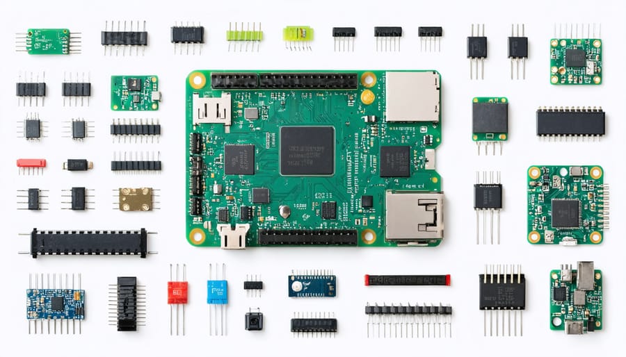 Raspberry Pi 4 Model B surrounded by project elements, symbolizing diverse tech projects and innovation.