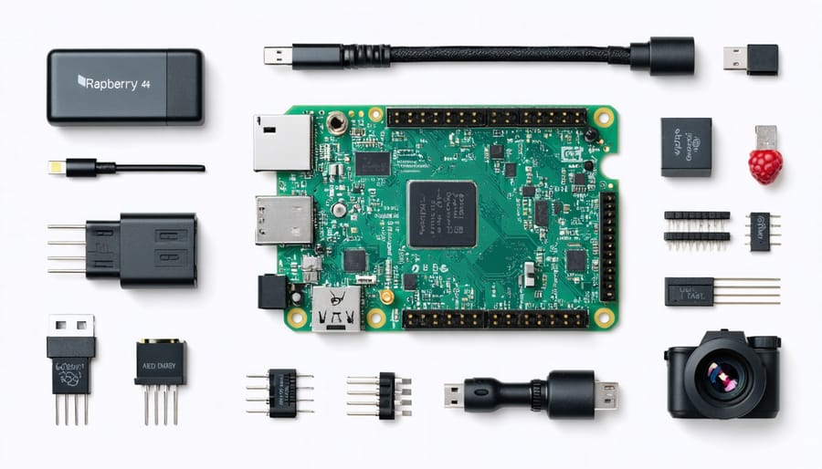 Raspberry Pi 4 Model B board with components and accessories for setup