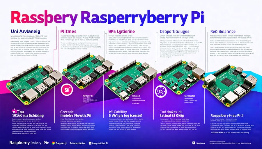 Creative timeline illustration showcasing the evolution of Raspberry Pi models from the original to the anticipated Raspberry Pi 5, highlighting major advancements and speculated new features like AI and improved graphics.