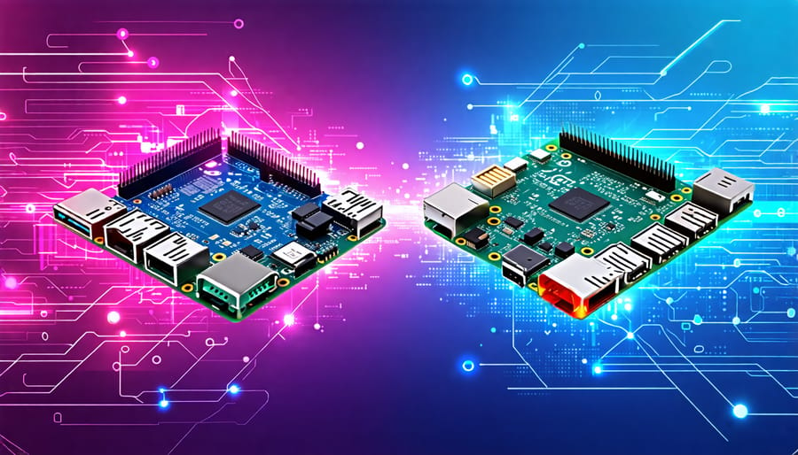 Conceptual illustration of Raspberry Pi 5 and Pi 4 boards showcasing main differences in processing power, connectivity, and unique features, with tech-themed digital elements representing their capabilities.