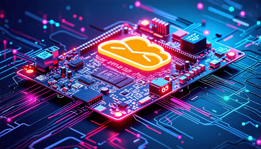 Illustration of a Raspberry Pi circuit board merging with an AWS cloud symbol, depicting data streams and connectivity elements.