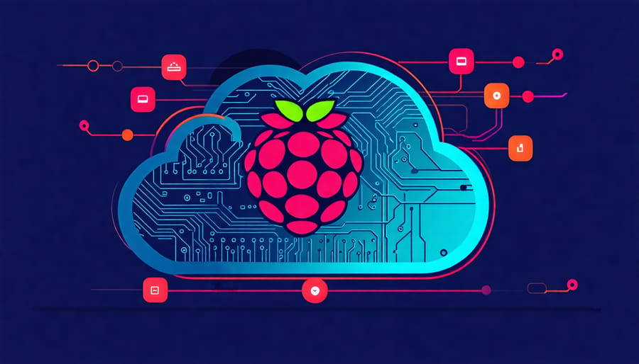 A Raspberry Pi beside a cloud graphic symbolizing AWS integration