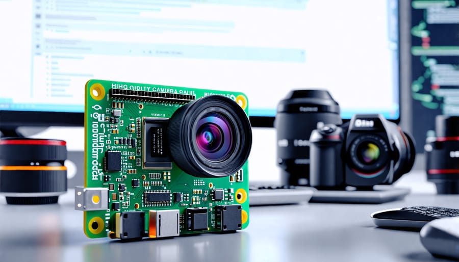 A detailed view of a Raspberry Pi board with the High Quality Camera Module attached, surrounded by interchangeable lenses. The setup is in a tech workspace with a screen displaying a command line interface for configuring the camera.