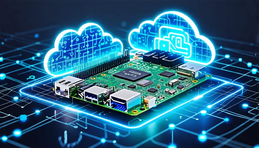 Raspberry Pi surrounded by digital cloud elements symbolizing connectivity and cloud integration.