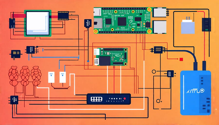 Schematic diagram illustrating the wiring and connections in a Raspberry Pi cluster