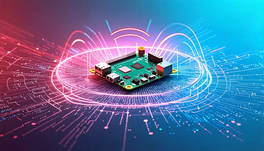 Conceptual depiction of a Raspberry Pi connecting to WiFi using command line commands, with visual elements symbolizing digital connectivity.