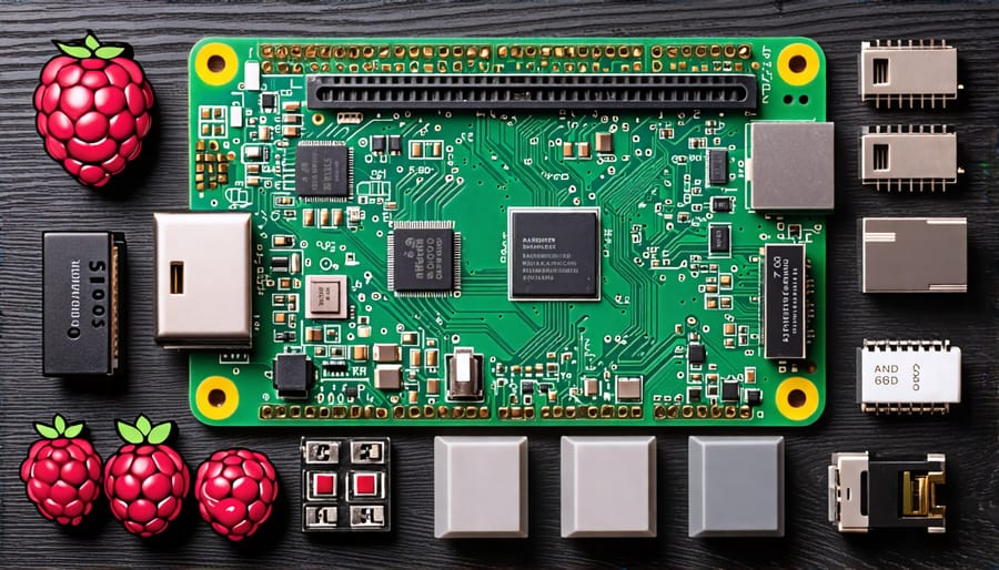 Essential Raspberry Pi components including the board, power supply, microSD card, HDMI cable, keyboard and mouse