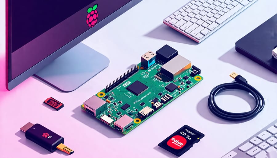 An arranged setup of essential components for building a Raspberry Pi computer, including a Raspberry Pi board, power supply, microSD card, HDMI cable, keyboard, and monitor.