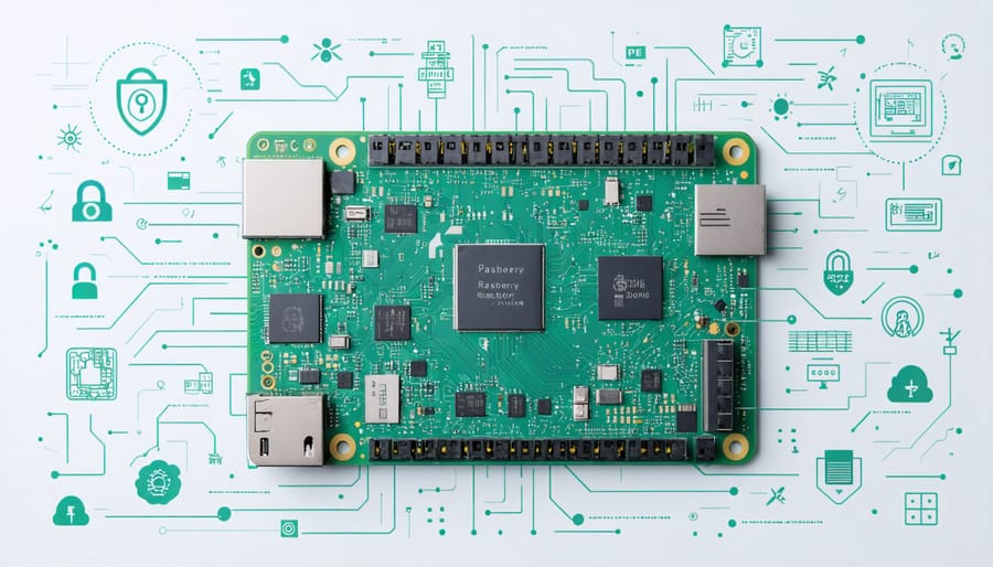 Conceptual illustration of a Raspberry Pi board with cybersecurity icons representing protection and security skills in cybersecurity projects.