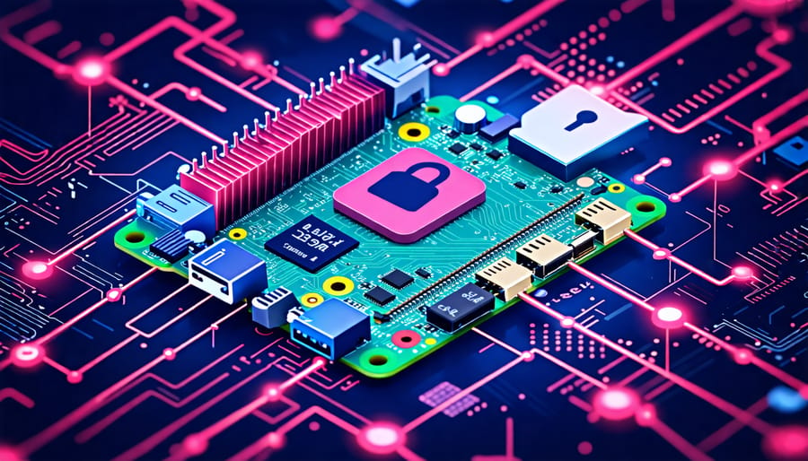 Artistic representation of a Raspberry Pi at the center of various cybersecurity symbols, illustrating its use for network protection.