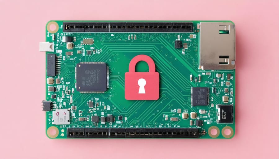 Conceptual illustration of a Raspberry Pi board with a lock symbol representing cybersecurity