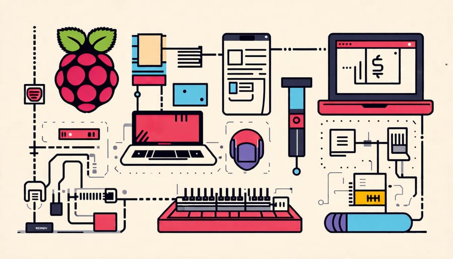 Illustration of Raspberry Pi being used in multiple DIY projects demonstrating its versatility as an embedded system