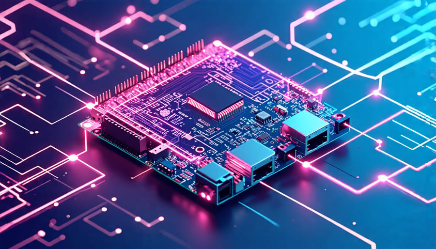 Conceptual illustration of a Raspberry Pi with dual Ethernet ports, highlighting its role in advanced networking and IoT integration.