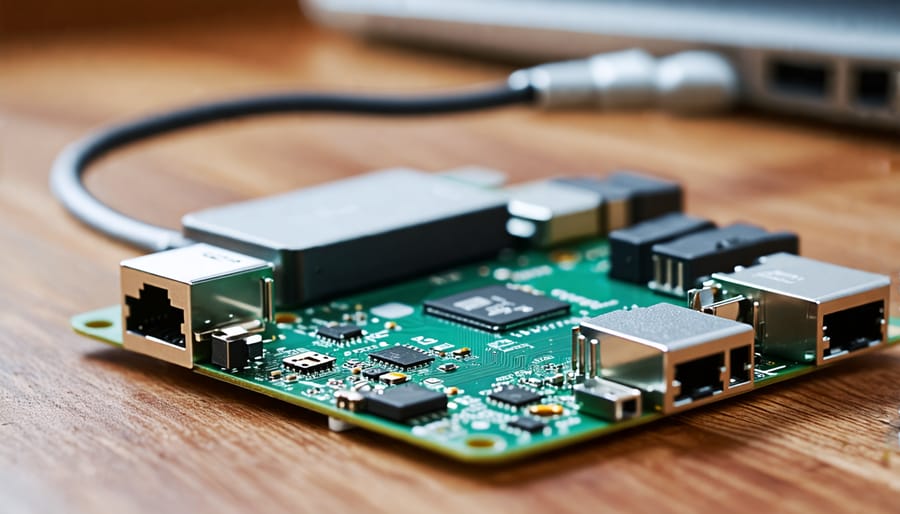 Raspberry Pi with connected USB-to-Ethernet adapter for dual Ethernet functionality