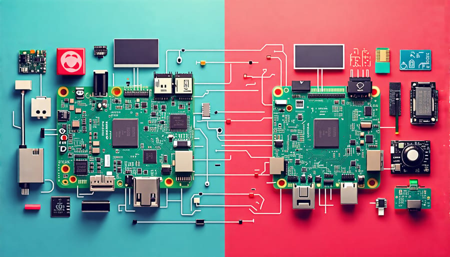 Conceptual illustration of a Raspberry Pi balancing two roles: as an embedded system with sensors and small devices, and as a general-purpose computer with typical peripherals.