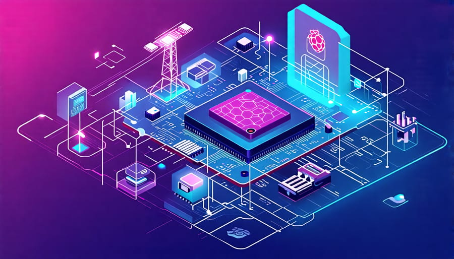 Conceptual illustration of edge computing with Raspberry Pi, showing a central Raspberry Pi surrounded by symbols of smart home, agriculture, and industrial applications, with data being processed in a network-like structure.