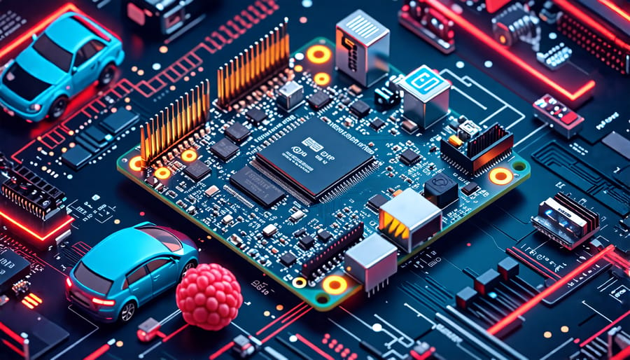 A labeled diagram of a Raspberry Pi board, highlighting its key components, surrounded by examples of its use in embedded applications such as robotics, smart homes, and automotive systems.