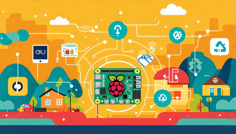 Infographic with a central Raspberry Pi surrounded by icons illustrating energy-saving strategies like low power CPU, unplugging peripherals, employing cooling systems, using lightweight OS, and power-off button.