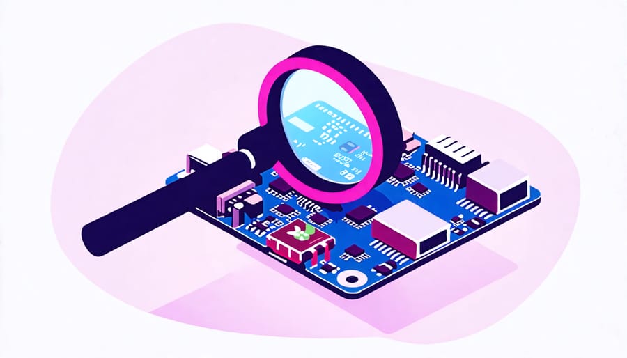 Magnified view of a Raspberry Pi board's hardware components