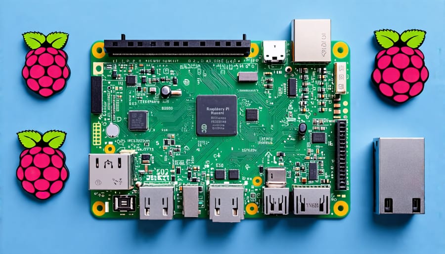 Labeled Raspberry Pi board showing CPU, memory, and connectivity options