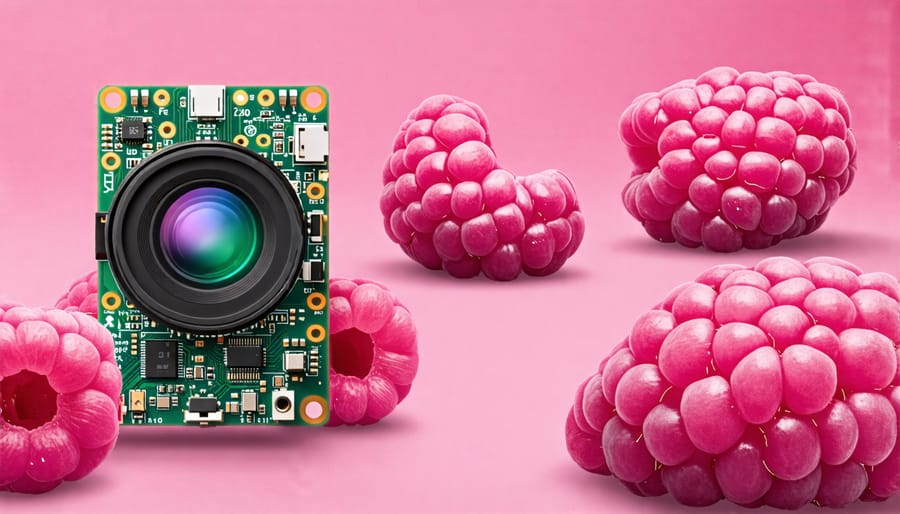 A Raspberry Pi High Quality Camera Module with an interchangeable lens attached, showcasing its main features.