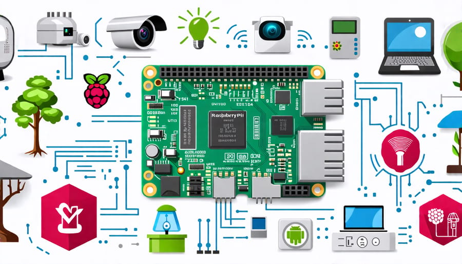 A collage showcasing the versatility of Raspberry Pi in home automation, with a Raspberry Pi board surrounded by icons of smart devices like lights, cameras, and thermostats.