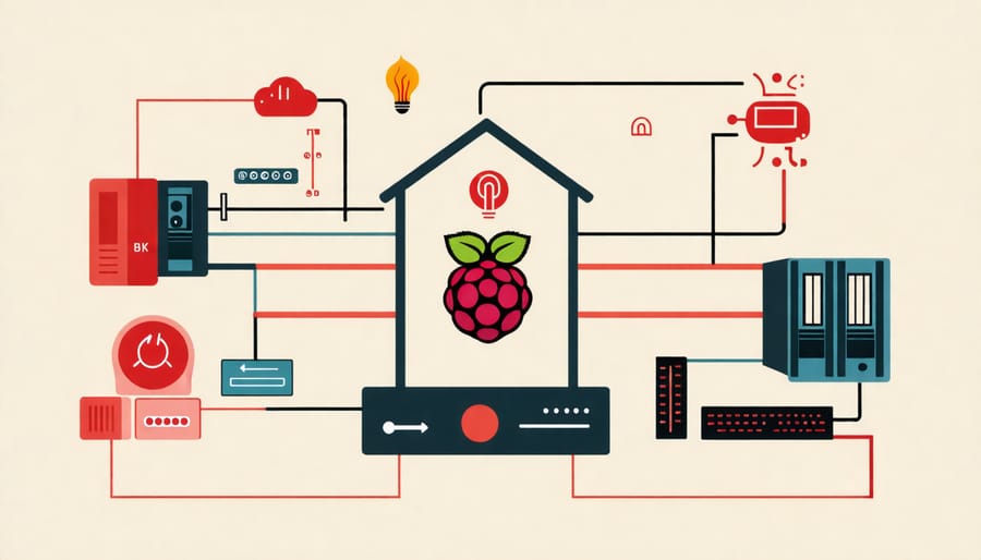 Conceptual representation of a home network secured by a Raspberry Pi firewall and monitor